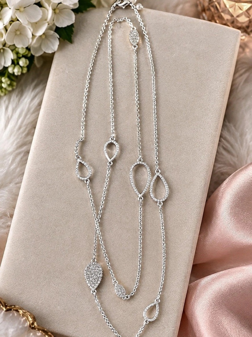 Vintage Signed SHB Shofel Bros Silver Tone Open Teardrop Station Necklace Rose Q